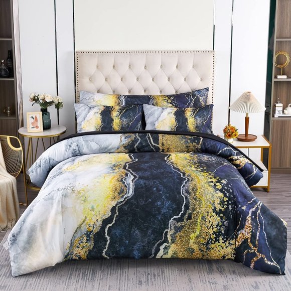 ZXJMHJ Queen Size Comforter Set, 6-Piece Watercolor Marble  New  6 Pcs Bed-in-A-Bag Blue Watercolor Marble Printed  Comforter Set wi…